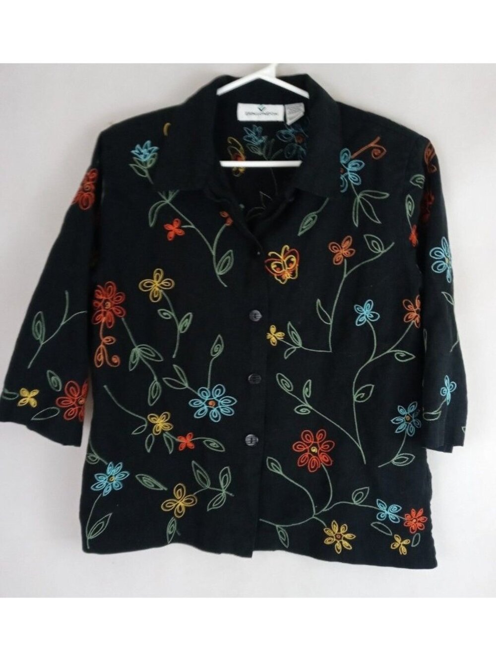 Erin London Black Blouse With Colorful Embroidered Floral Butterfly Design M